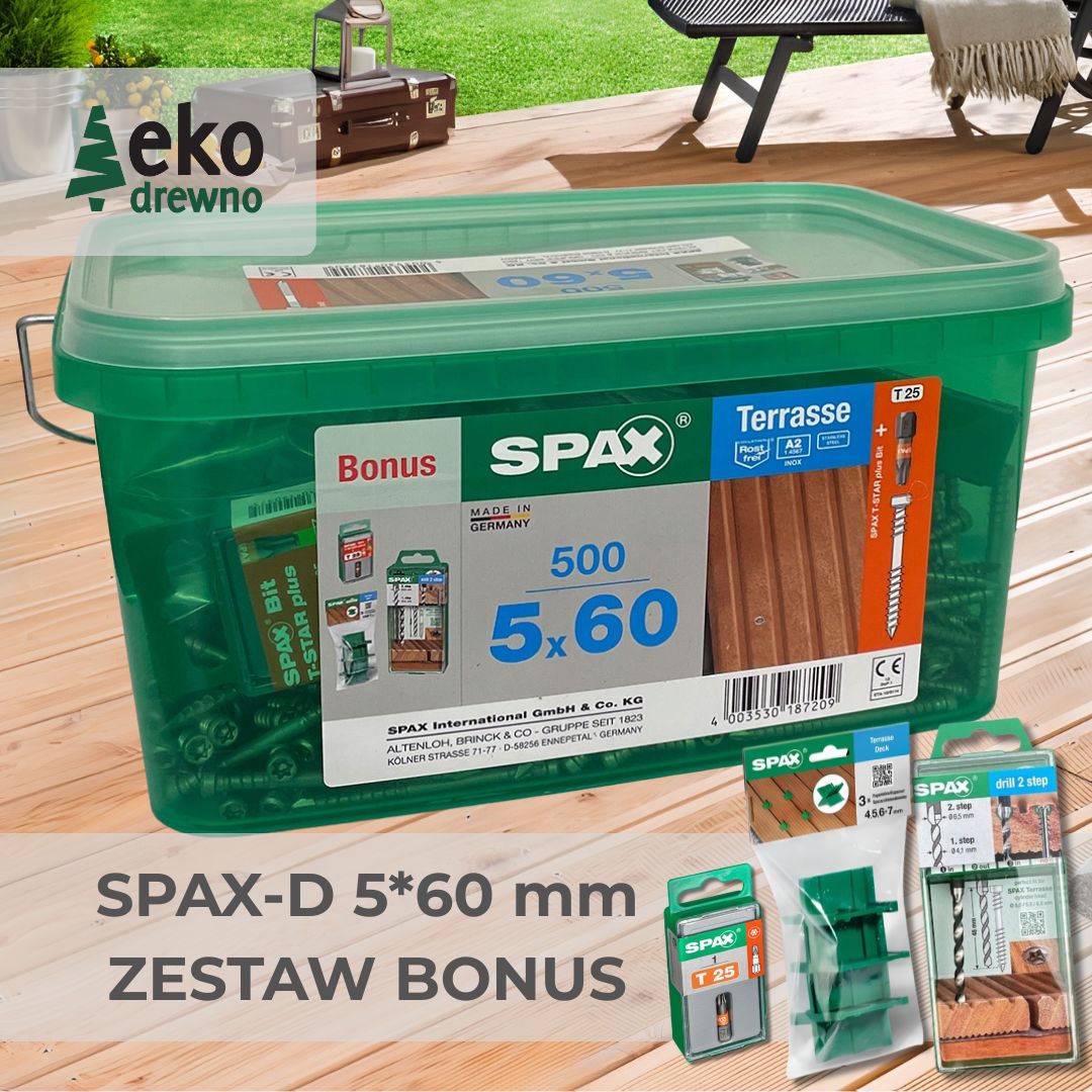 SPAX-D 5x60 mm zestaw BONUS. 500 sztuk wkrętów + torx T25 Spax + 3 krzyżyki dystansowe SPAX + wietrło dwustopniowe SPAX. EKODREWNO SPAX-D 5x60 mm zestaw BONUS. 500 sztuk wkrętów + torx T25 Spax + 3 krzyżyki dystansowe SPAX + wietrło dwustopniowe SPAX. EKODREWNO
