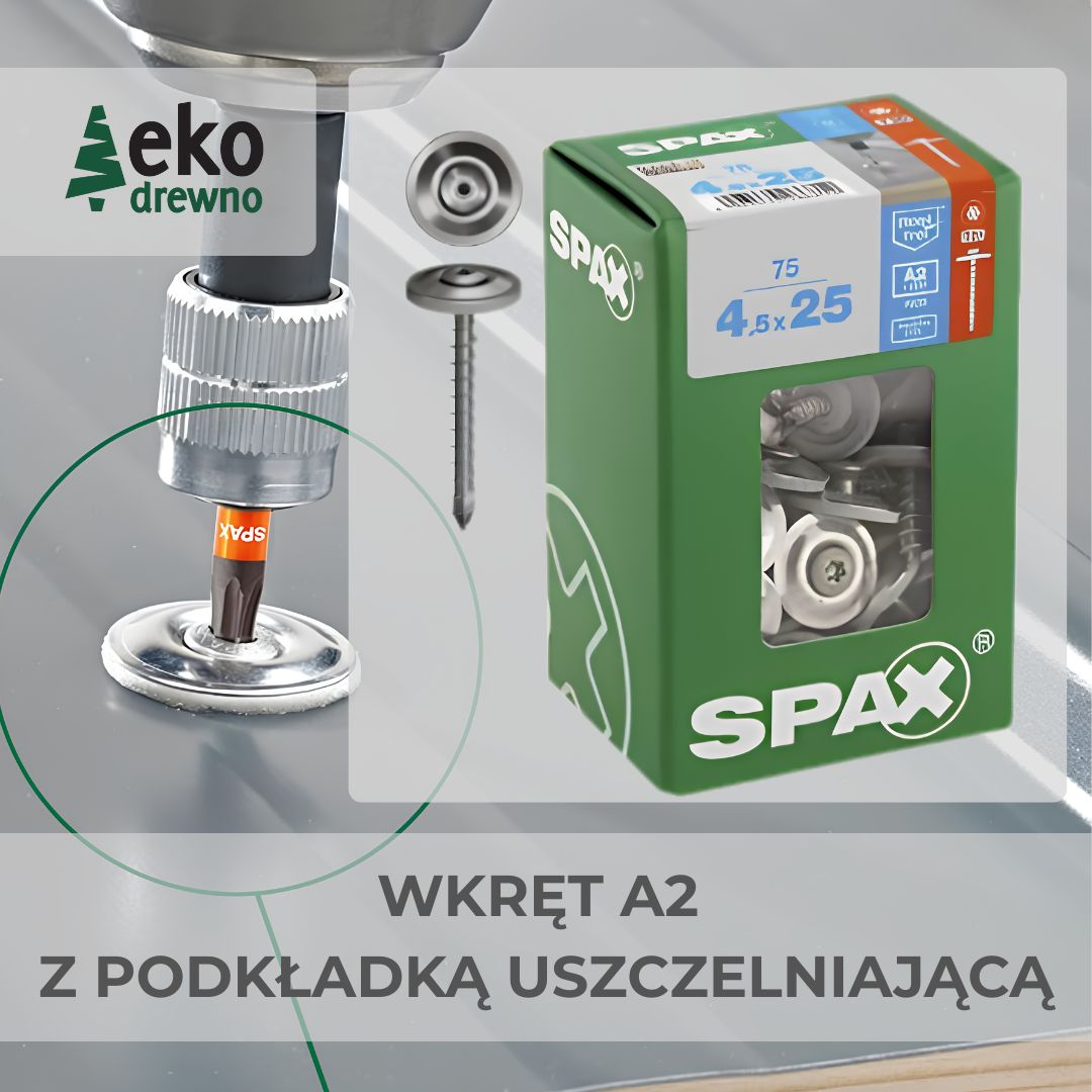 SPAX wkręt do drewna stal nierdzewna A2 wkręt ciesielski z podkładką uszczelniającą EPDM łeb soczewkowy TORX T20 4,5x25 mm. EKODREWNO Wrocław SPAX wkręt do drewna stal nierdzewna A2 wkręt ciesielski z podkładką uszczelniającą EPDM łeb soczewkowy TORX T20 4,5x25 mm. EKODREWNO Wrocław