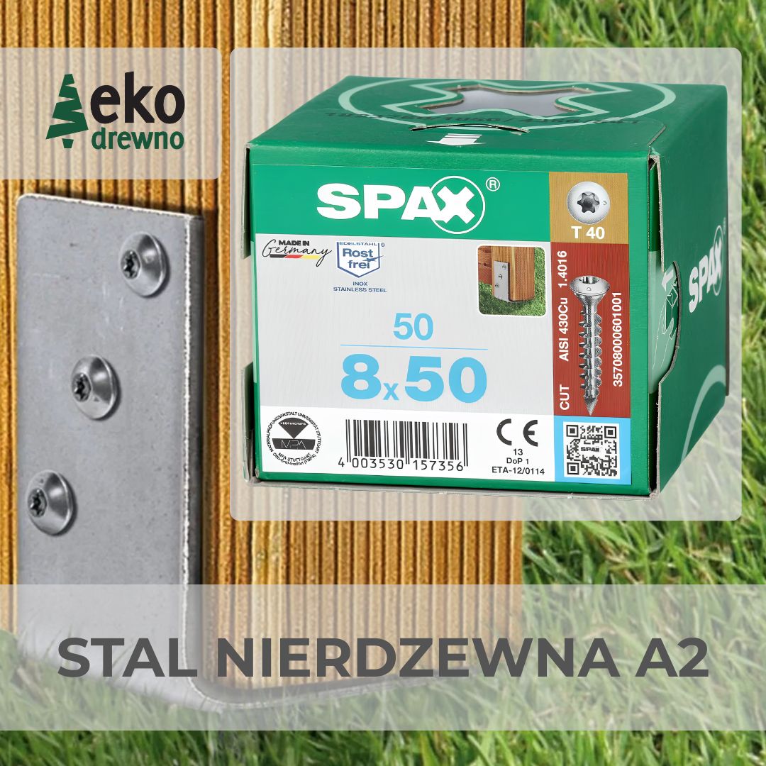 Spax stal szlachetna nierdzewna A1 wymiar 8x50 mm TORX T40. Wkręt ze stali nierdzewnej SPAX do drewna do mocowania do wspornika słupka do ogólnego zastosowania. EKODREWNO Wrocław Spax stal szlachetna nierdzewna A1 wymiar 8x50 mm TORX T40. Wkręt ze stali nierdzewnej SPAX do drewna do mocowania do wspornika słupka do ogólnego zastosowania. EKODREWNO Wrocław