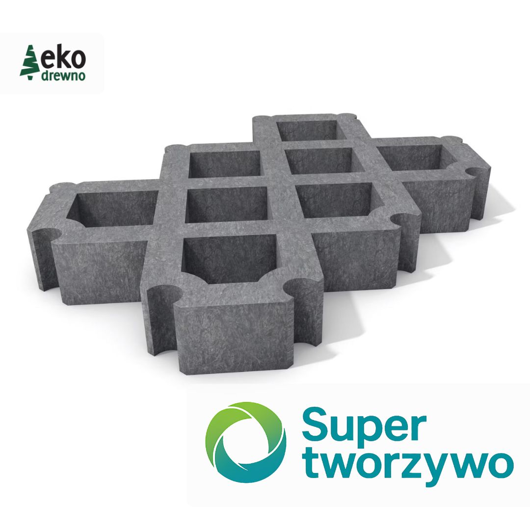 Tworzywo kompozyt z recyklingu SuperTworzywo Hahn Kunststoffe Hanit Hanimat Super Tworzywo EKODREWNO. Płyta ażurowa z tworzywa sztucznegoz systemem przyczepnym